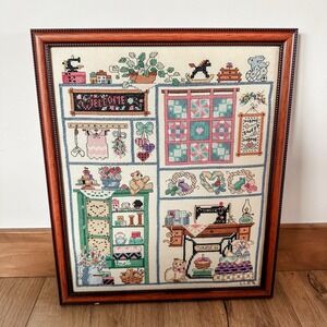 VTG Finished Cross Stitch Framed Art Sewing Room Treasures 14x12